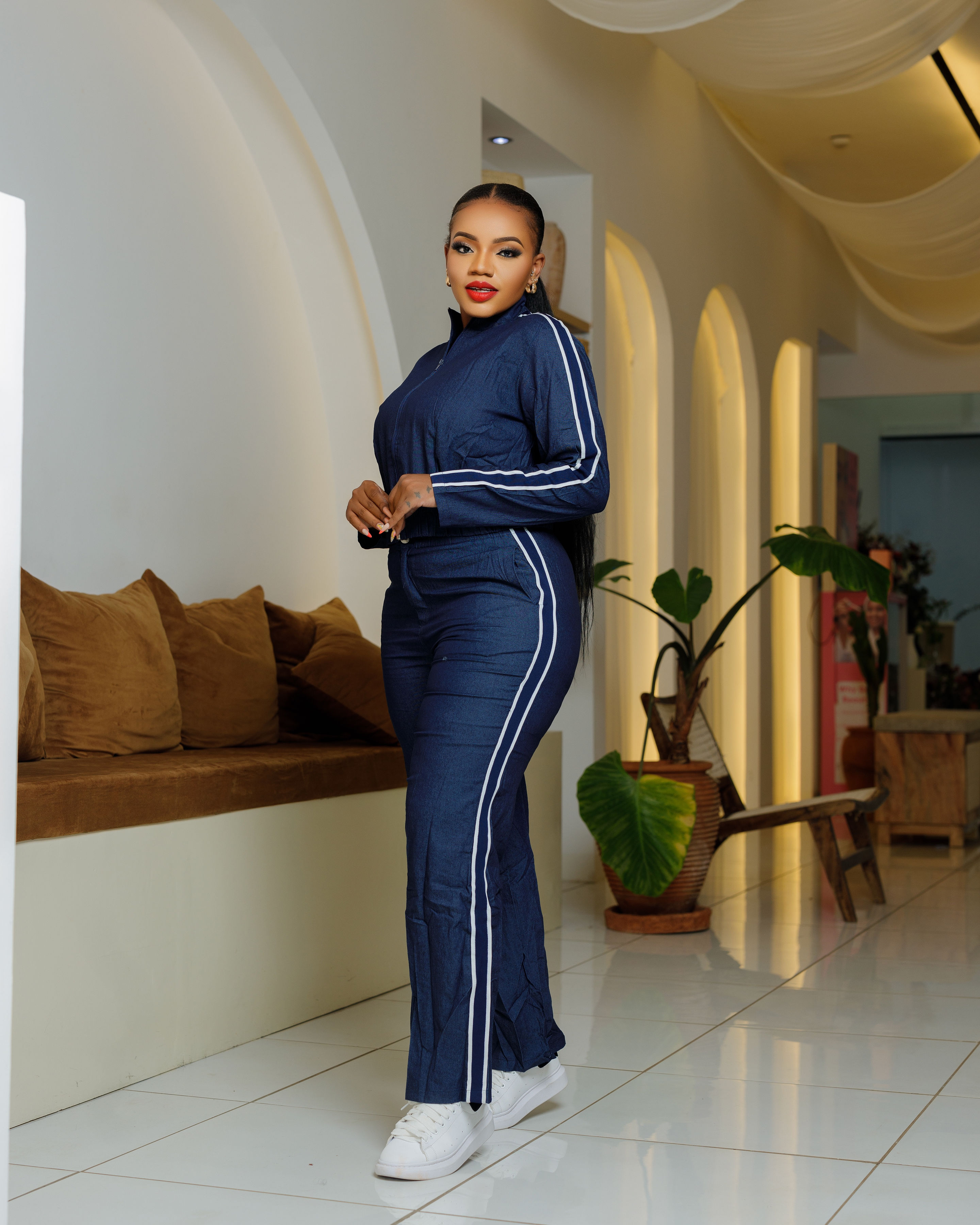 Denim Track-Stripe Two Piece Set