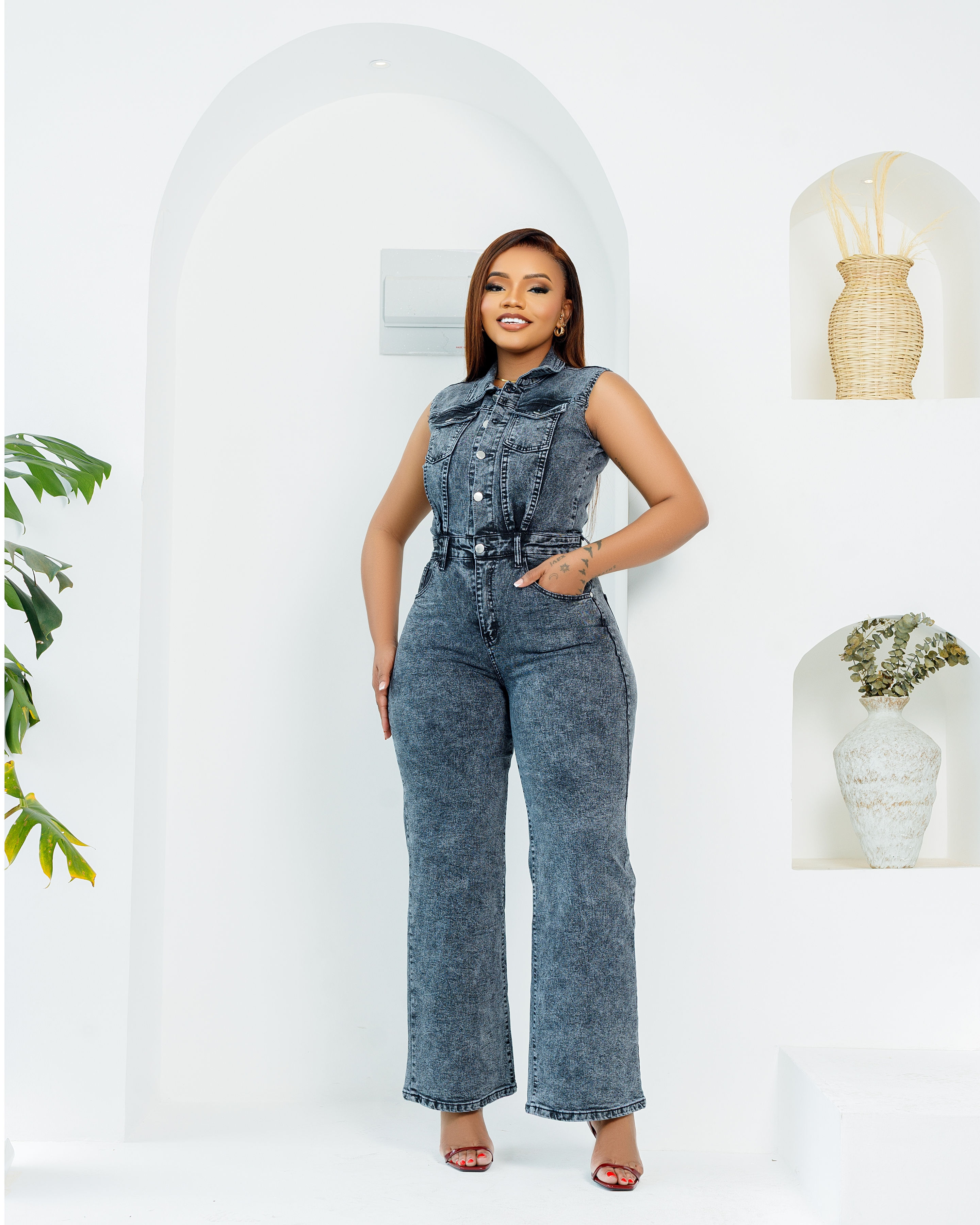 Sleeveless Denim Utility Jumpsuit