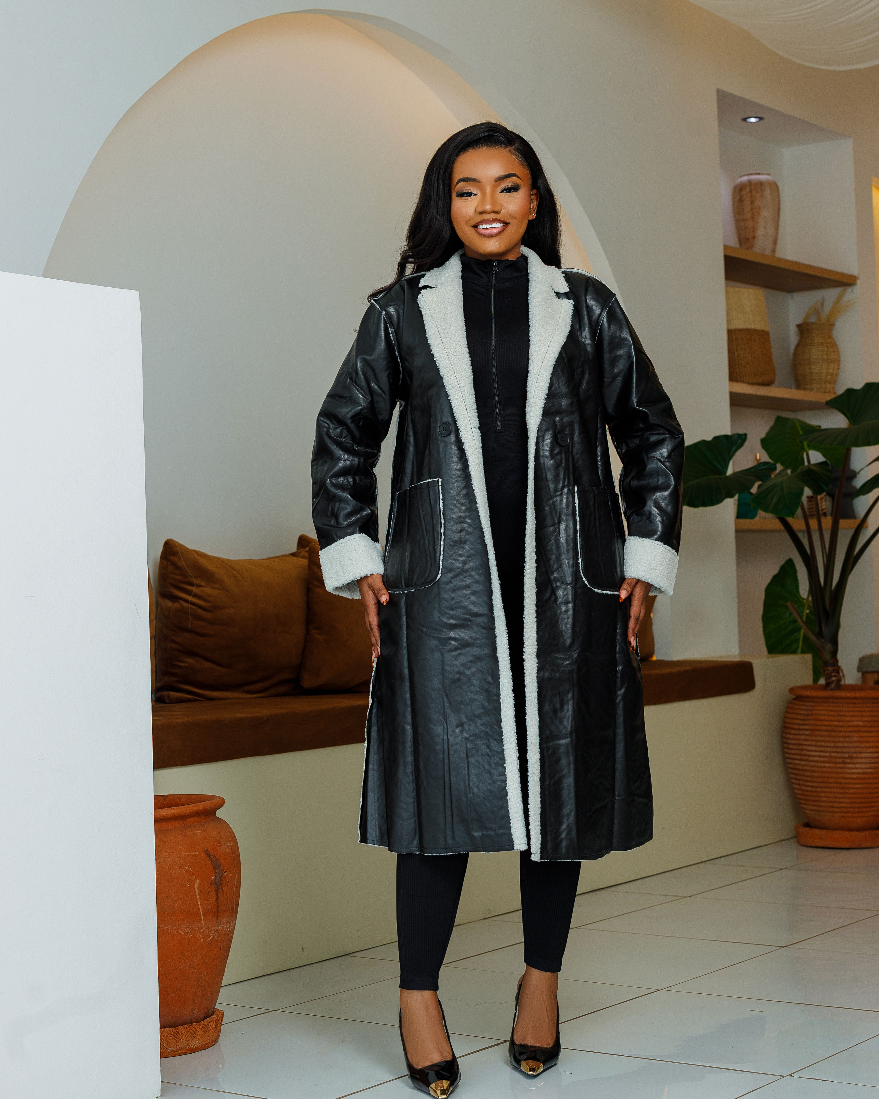 Shearling-Trim Faux Leather Trench Coat