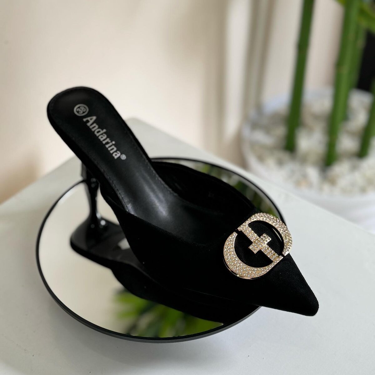 Crystal Buckle Mule Heels