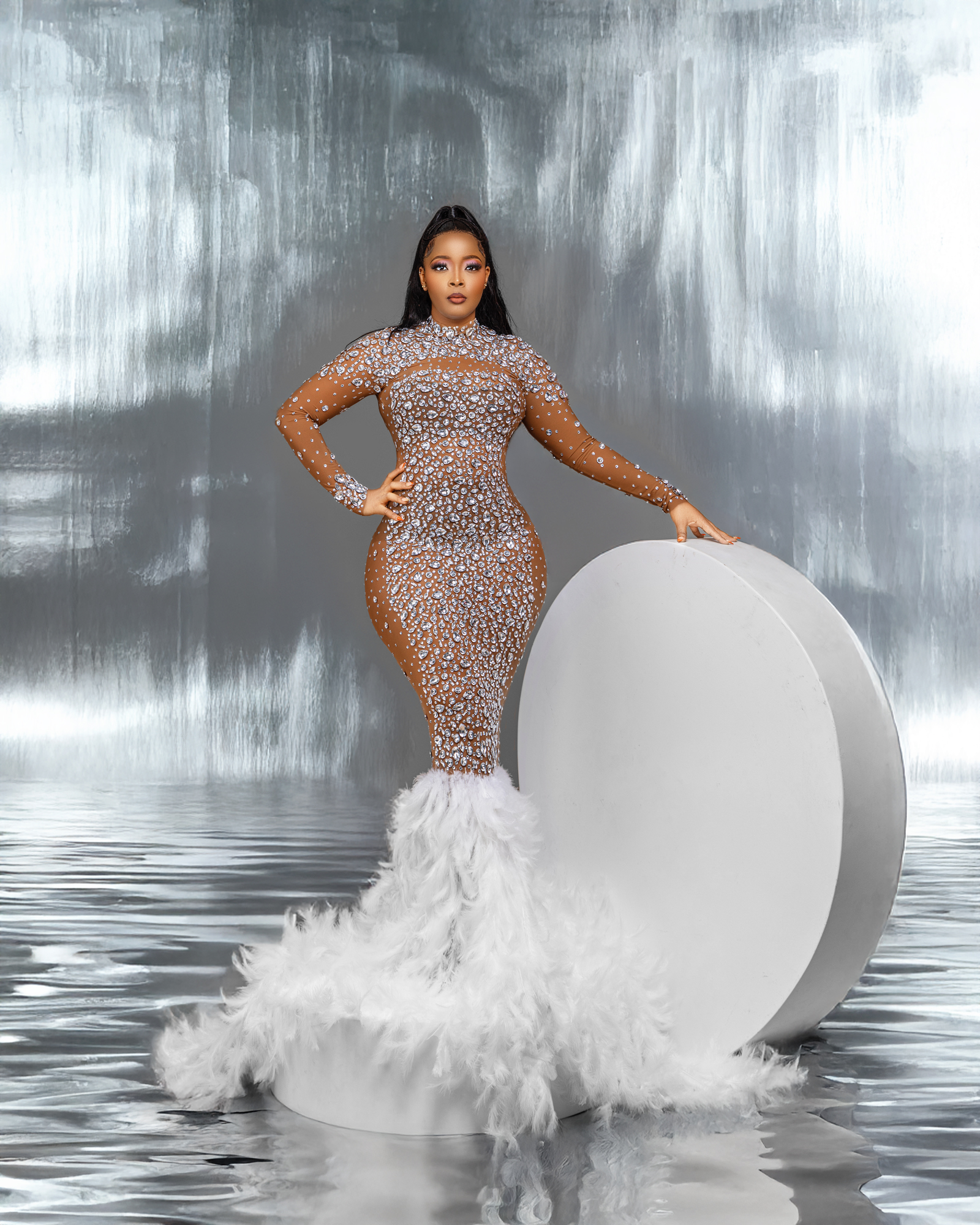 Crystal-Embellished Feather Hem Gown
