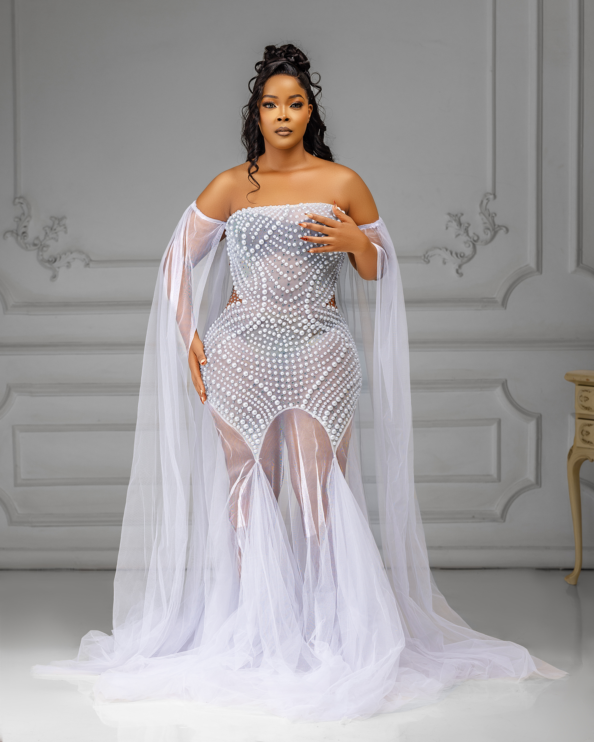 Pearl-Embellished Off-Shoulder Gown